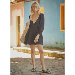 Free People Go-To Mini Endless Summer Black Babydoll Button Ruffle Dress